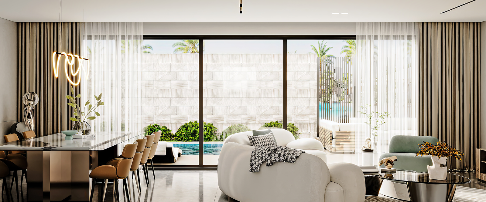 Modern townhouses with elegant design and lush landscaping