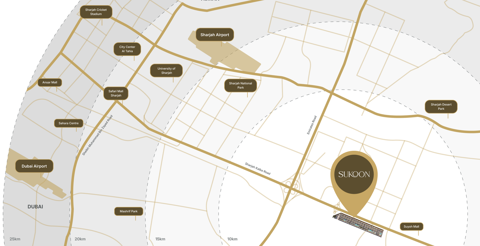 Sukoon By Sanzen - Prime Location Map showing proximity to Dubai Airport, Sharjah, and Ajman