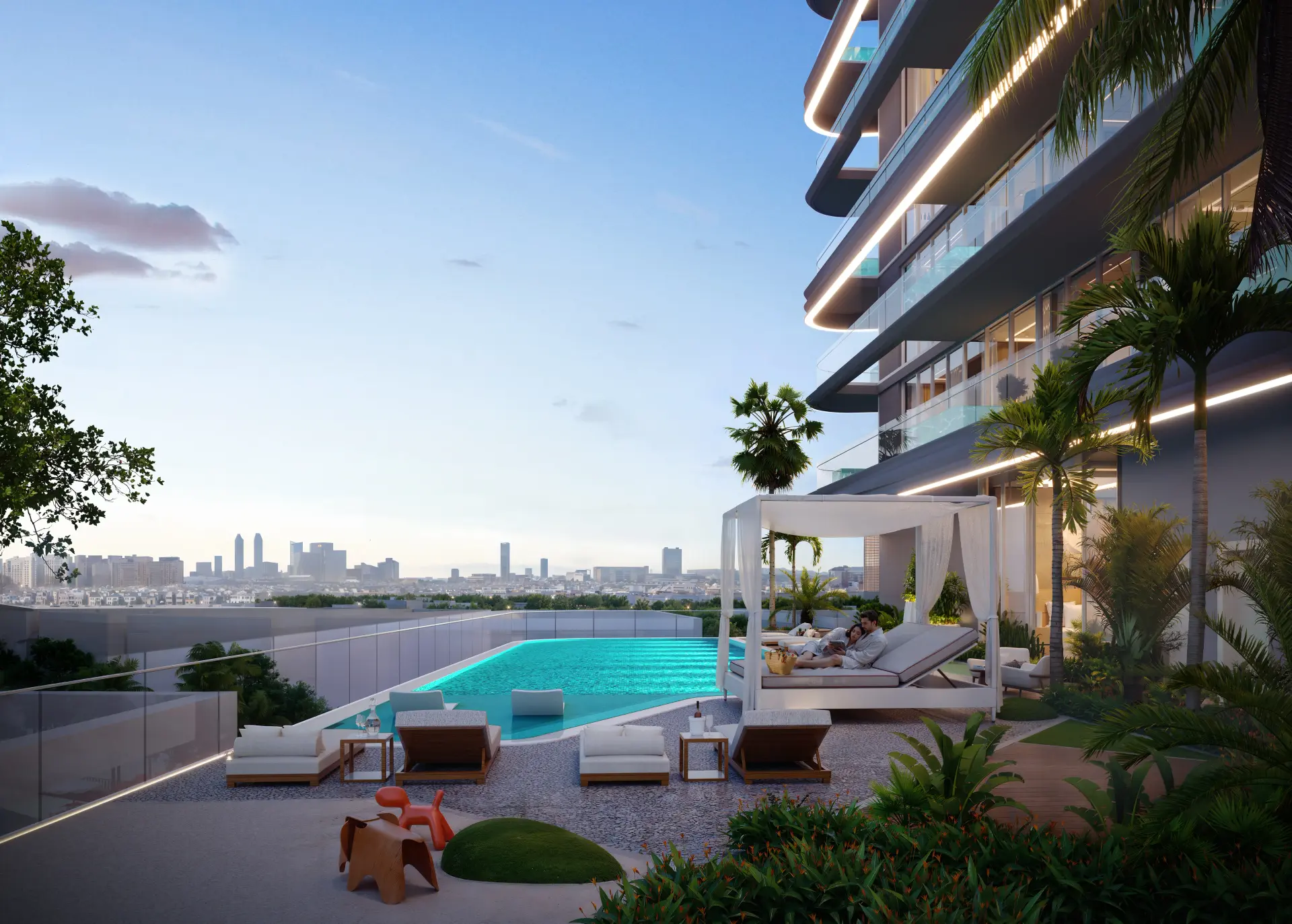 Serene outdoor space with calming water features